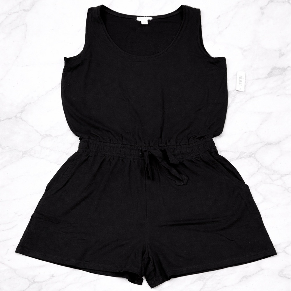Daily Ritual Black Sleeveless Romper Elastic Waist Tie Soft Lounge S